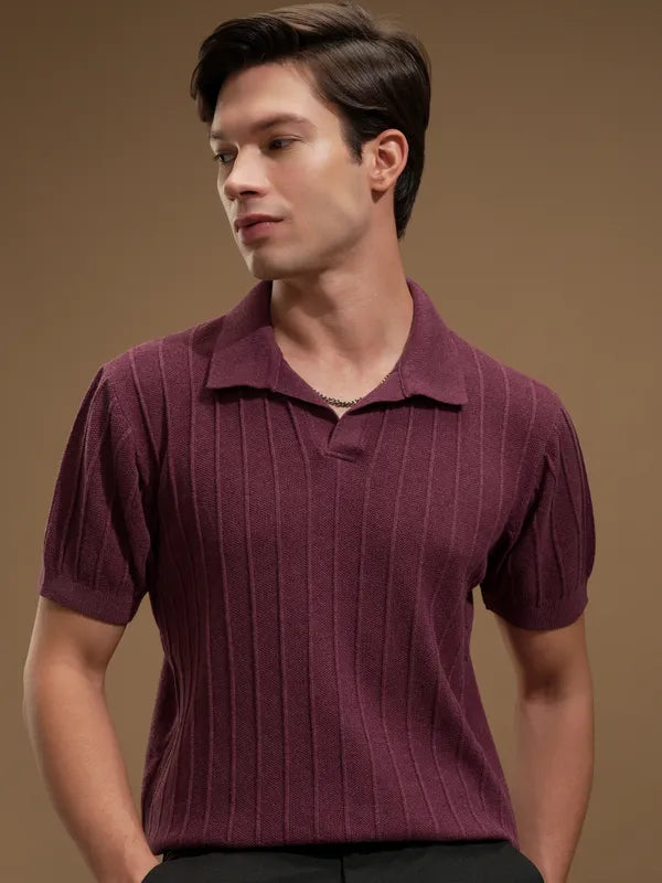 Suburbans Men Maroon Self Design Polo Collar T-Shirt