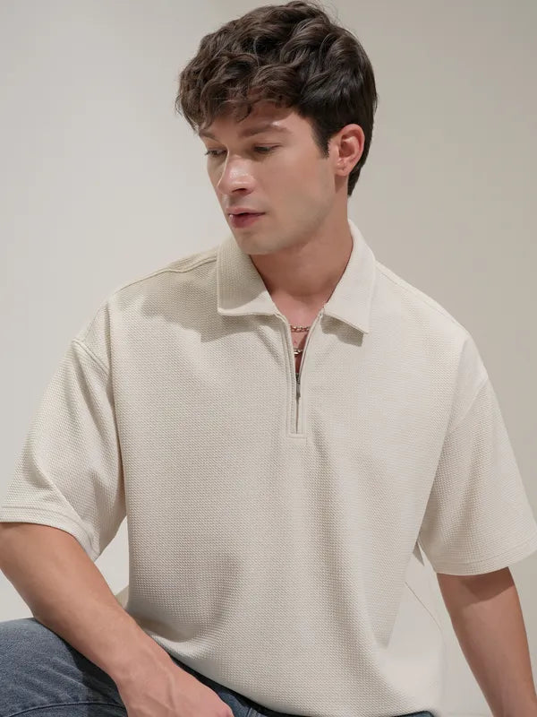 Suburbans Men White Self Design Polo Collar T-Shirt