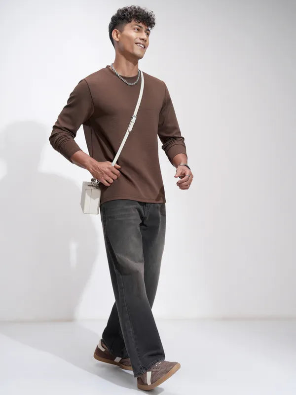 Suburbans Men Brown Self Design Relaxed Fit T-Shirt