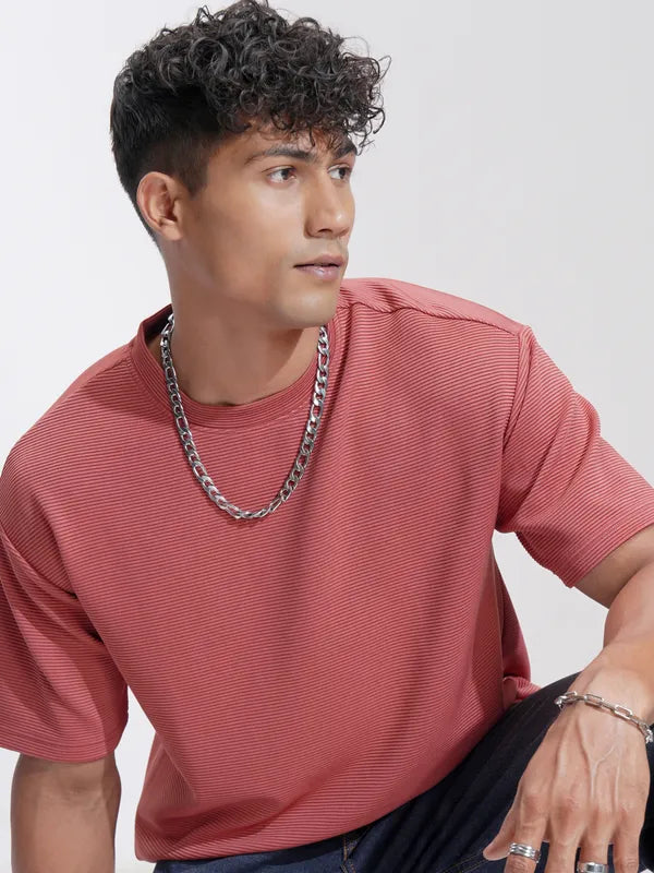 Suburbans Men Rust Self Design Relaxed Fit T-Shirt