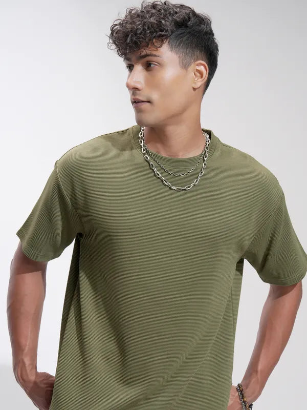 Suburbans Men Olive Self Design Relaxed Fit T-Shirt