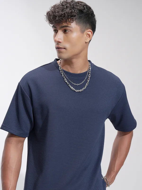 Suburbans Men Navy Blue Self Design Relaxed Fit T-Shirt