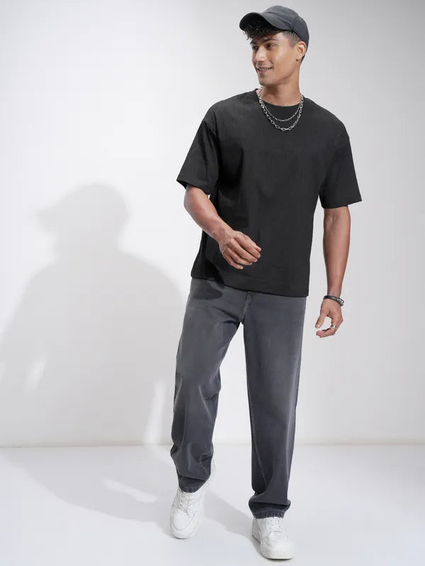 Suburbans Men Black Self Design Relaxed Fit T-Shirt