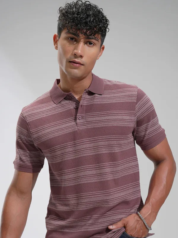 Suburbans Men Purple Self Design Polo Collar T-Shirt