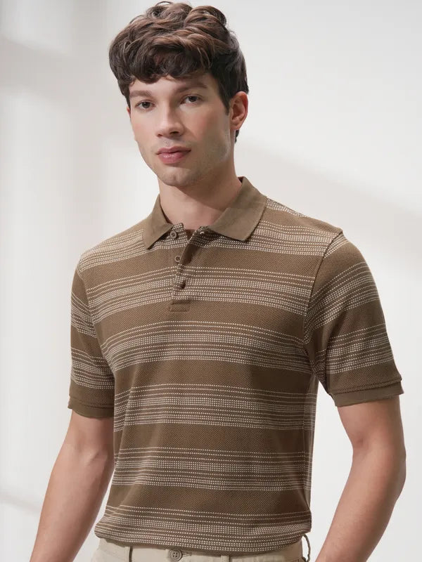 Suburbans Men Brown Self Design Polo Collar T-Shirt