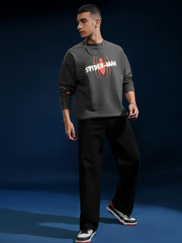 Suburbans Marvel By Highlander Men Grey Spider-Man Round Neck Pullover Sweatshirt