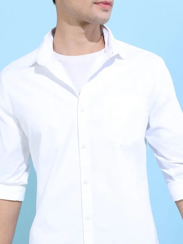 Suburbans Men White Solid Slim Fit Casual Shirts