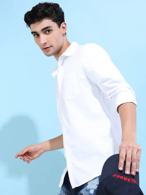 Suburbans Men White Solid Slim Fit Casual Shirts