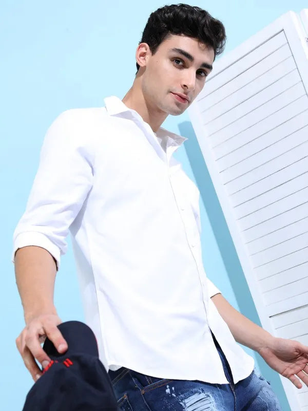 Suburbans Men White Solid Slim Fit Casual Shirts