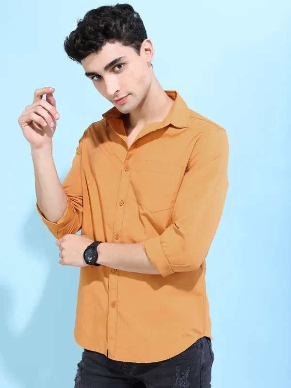 Suburbans Men Yellow Solid Slim Fit Casual Shirts