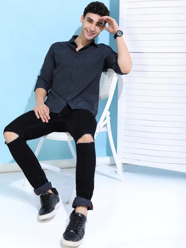 Suburbans Men Blue Solid Slim Fit Casual Shirts