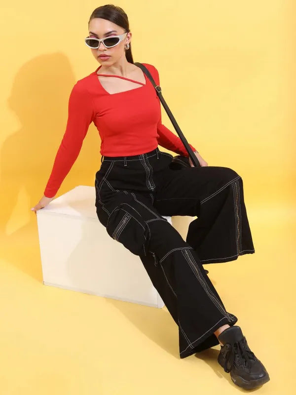 Suburbans Women Red Solid Fitted Tops