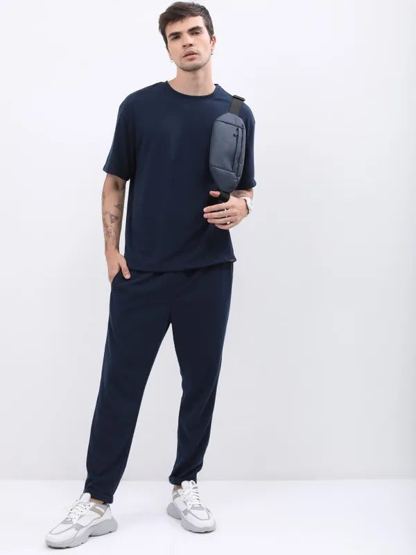 Suburbans Men Navy Blue Solid Round Neck T-Shirts