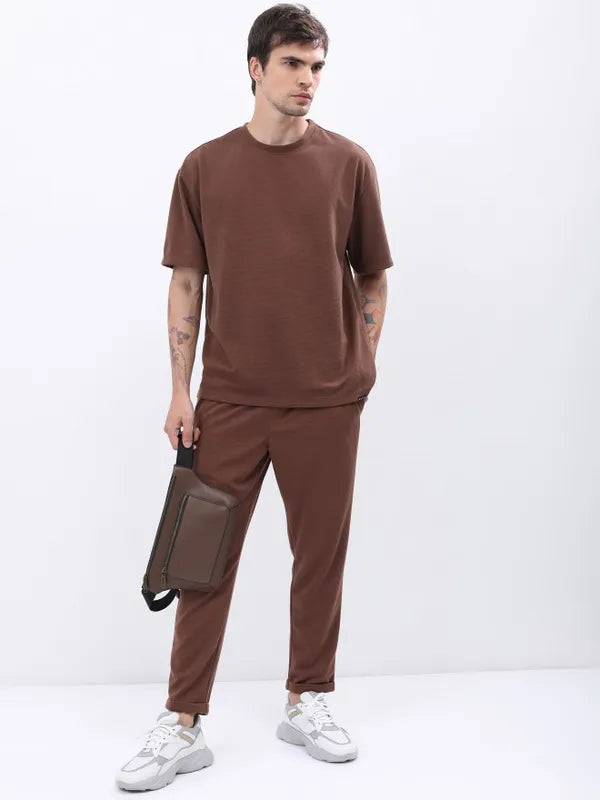 Suburbans Men Brown Solid Round Neck T-Shirts