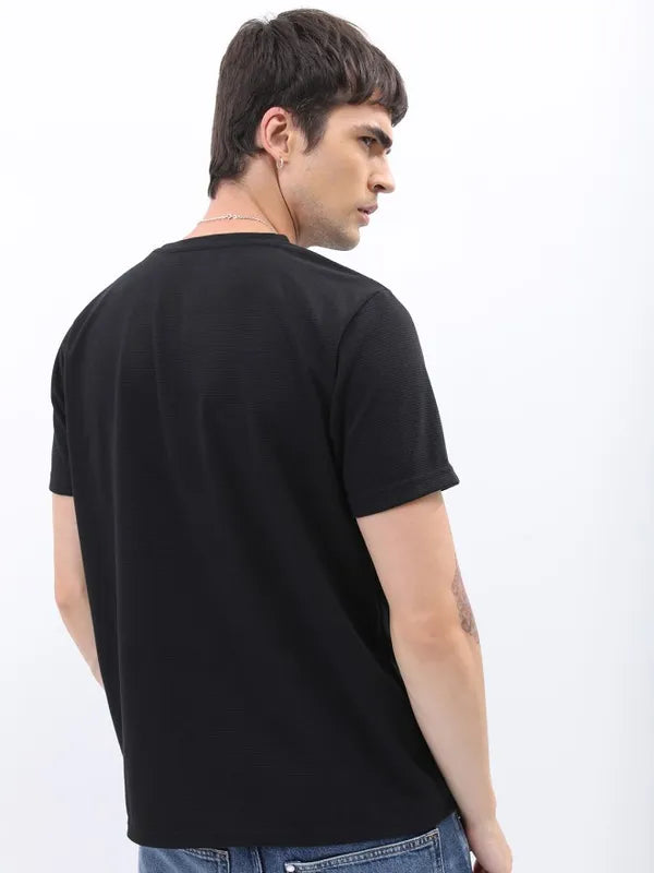 Suburbans Men Black Self Design Slim Fit T-Shirt
