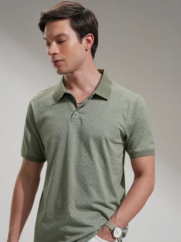 Suburbans Men Olive Self Design Polo Collar T-Shirt