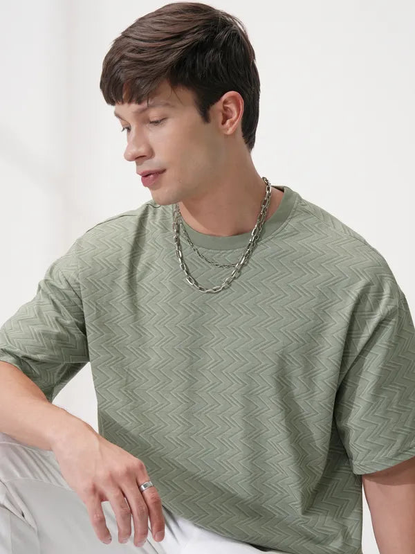 Suburbans Men Olive Self Design Relaxed Fit T-Shirt