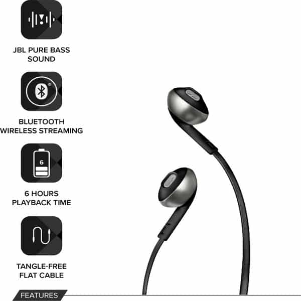 JBL T205BT Wireless Bluetooth in Ear Neckband Headphones with Mic