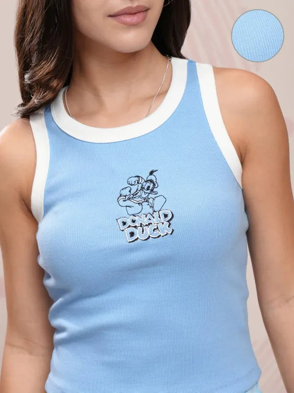 Suburbans  Blue Donald Duck Embroidered Fitted Top