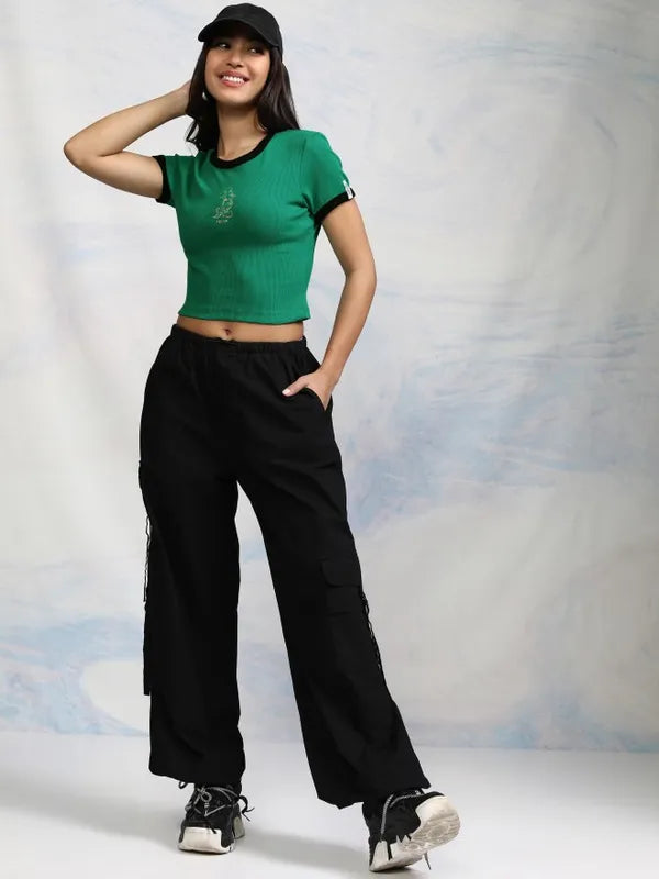 Suburbans Green Mickey Mouse Embroidered Fitted Top