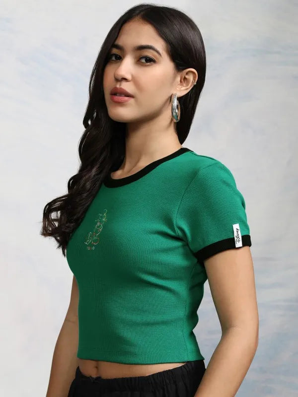 Suburbans Green Mickey Mouse Embroidered Fitted Top