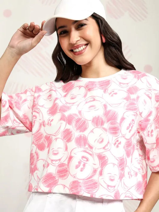 Suburbans  Women Pink Mickey Mouse Printed Boxy Fit T-Shirt