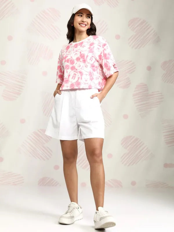 Suburbans Women Pink Mickey Mouse Printed Boxy Fit T-Shirt