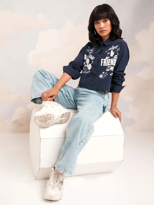 Suburbans Women Navy Mickey Mouse Printed Boxy Fit Crop Shirt