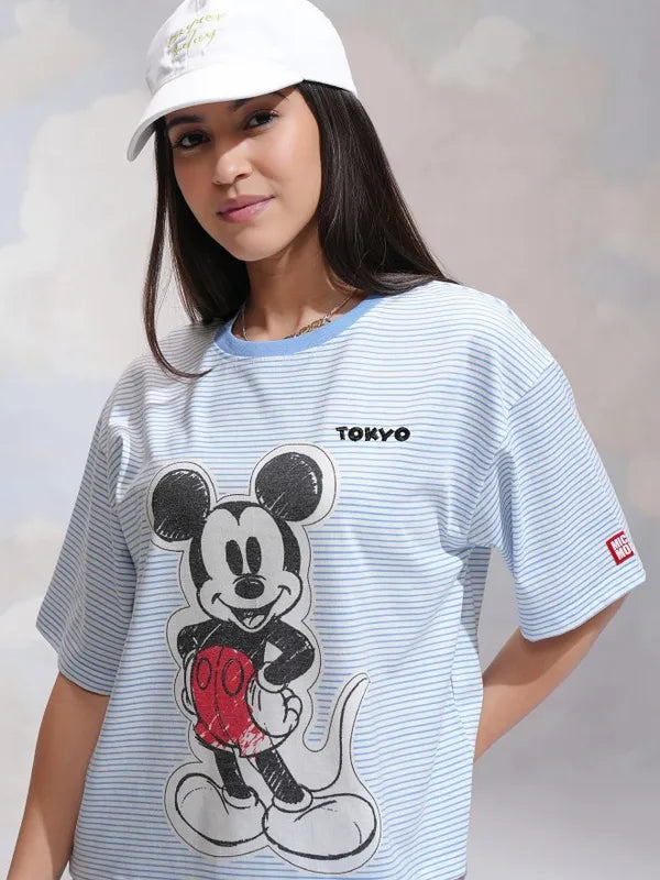 Suburbans Women Blue Mickey Mouse Printed Relaxed Fit T-Shirt