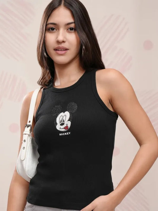 Suburbans  Women Black Mickey Mouse Printed Tank Top