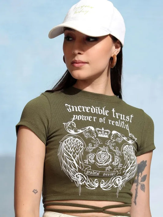 Suburbans  Women Olive Printed Fitted Top
