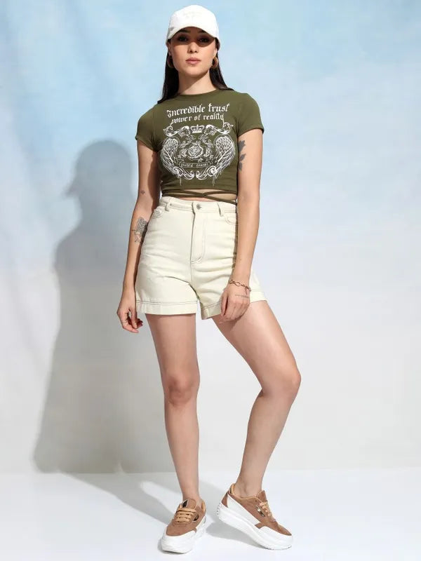 Suburbans Women Olive Printed Fitted Top