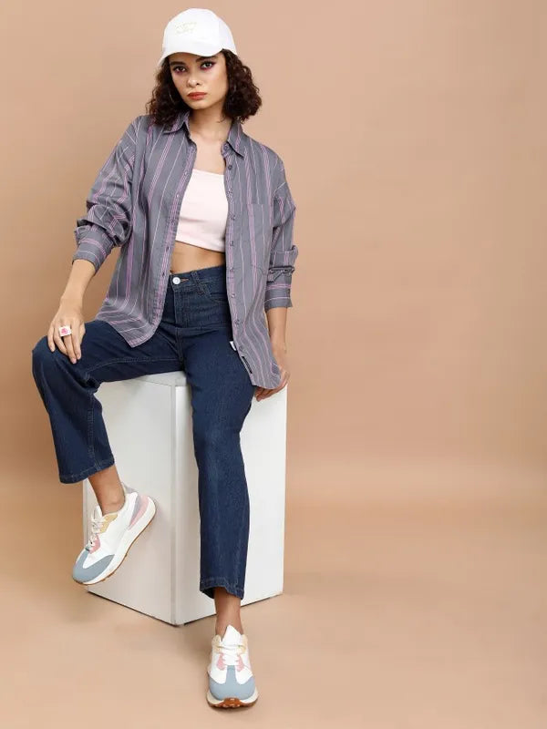 Suburbans Women Grey Striped Casual Shirts