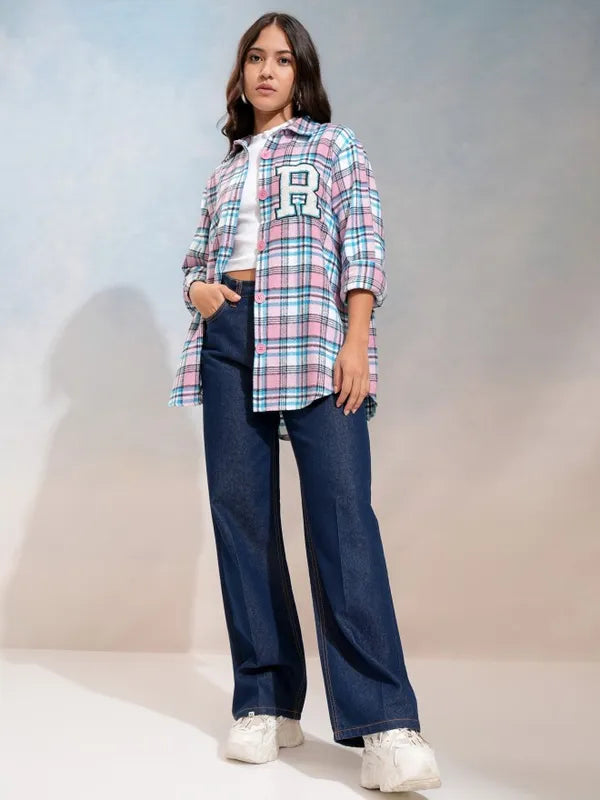 Suburbans Women Pink Checked Oversized Casual Shirt