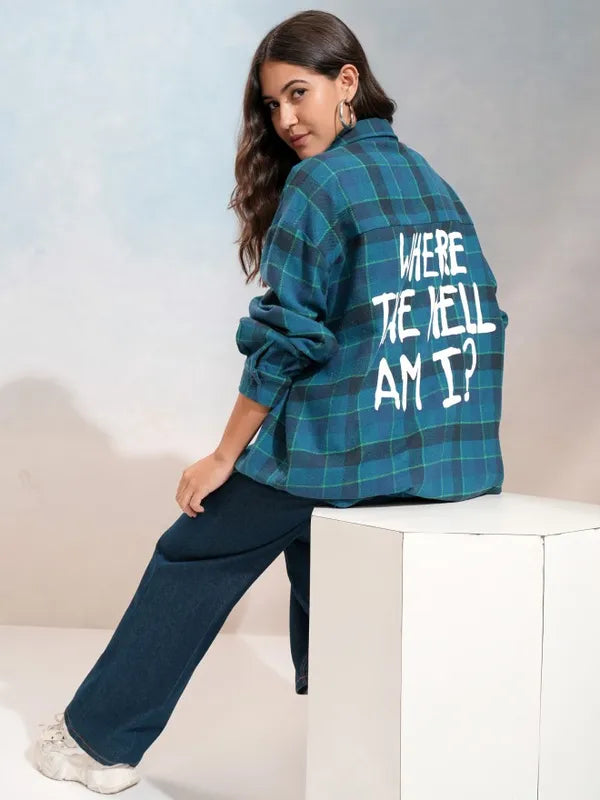 Suburbans Women Blue Checked Oversized Casual Shirt