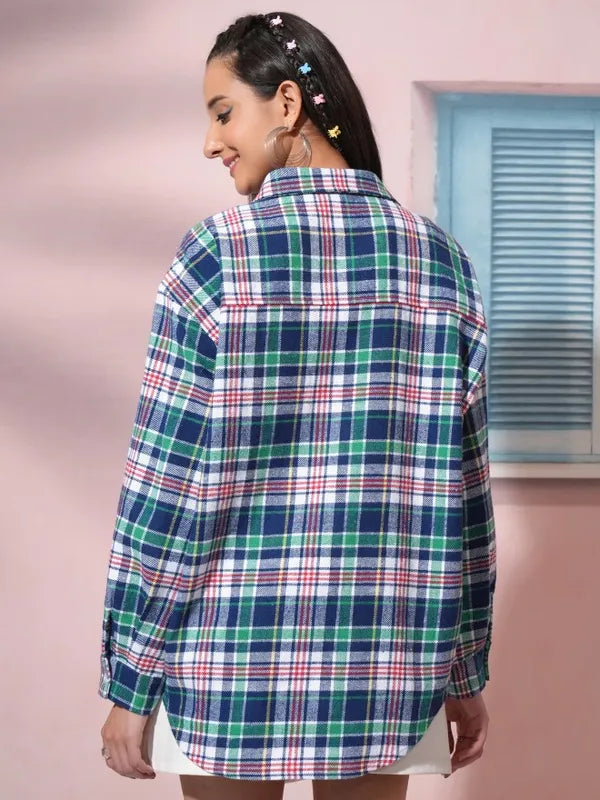 Suburbans  Women White Checked Oversized Fit Casual Shirt