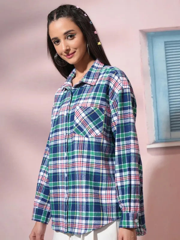 Suburbans  Women White Checked Oversized Fit Casual Shirt