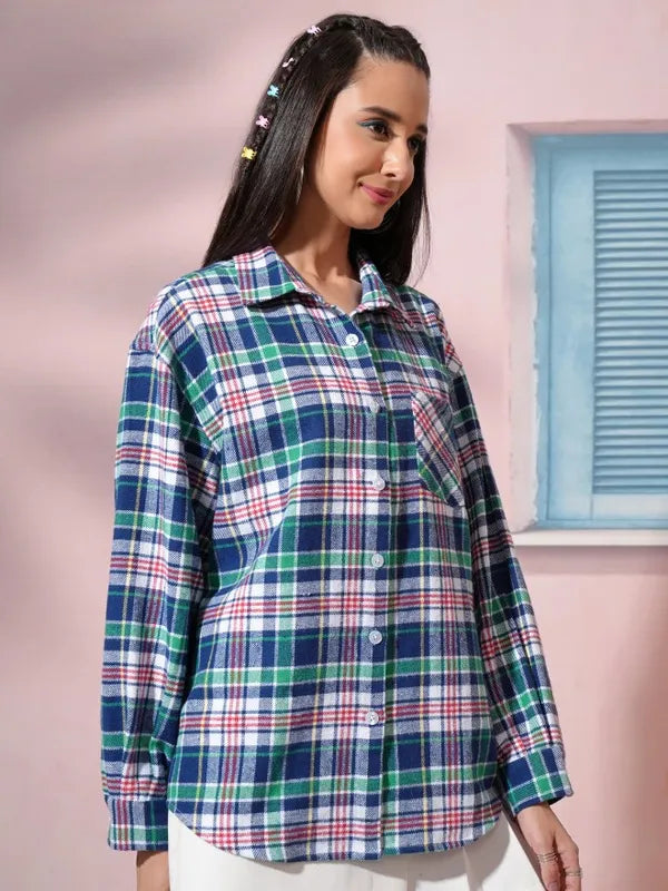 Suburbans  Women White Checked Oversized Fit Casual Shirt