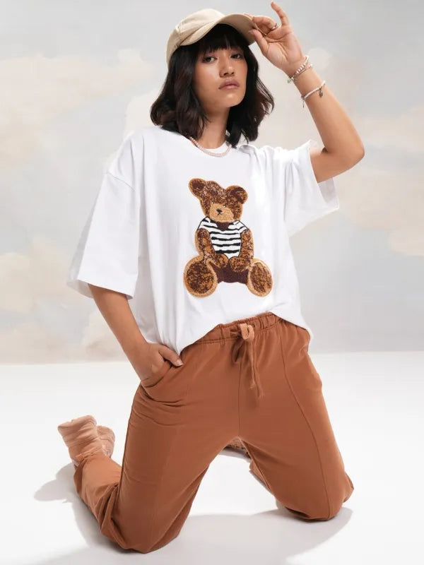 Suburbans Women White Self Design Round Neck Oversized Fit T-Shirt