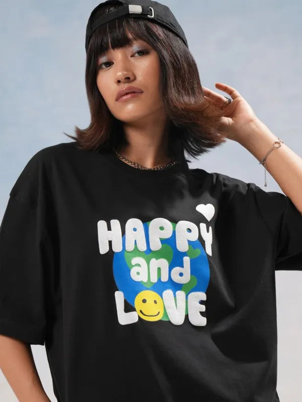 Suburbans  Women Black Printed Round Neck Oversized Fit T-Shirt
