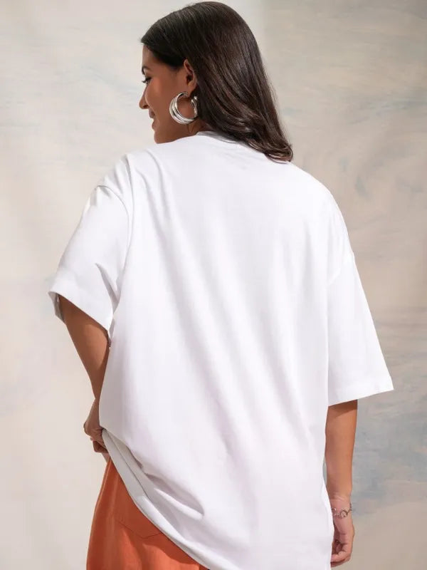 Women White Printed Round Neck Oversized Fit T-Shirt
