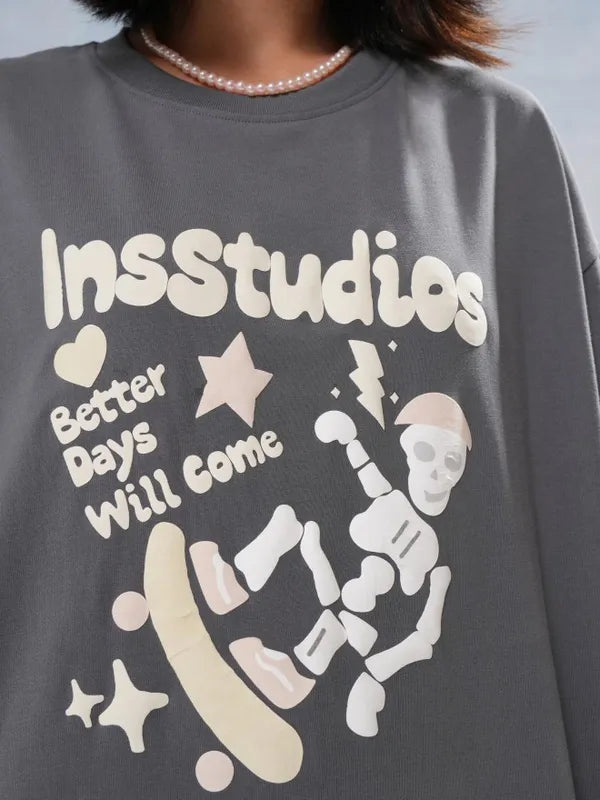 Suburbans  Suburbans  Grey Printed Round Neck Oversized Fit T-Shirt