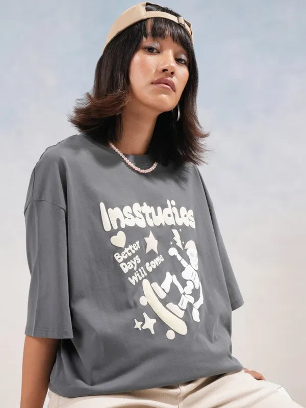 Suburbans  Suburbans  Grey Printed Round Neck Oversized Fit T-Shirt