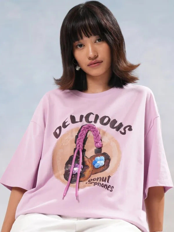 Suburbans Women Lavender Printed Round Neck Oversized Fit T-Shirt