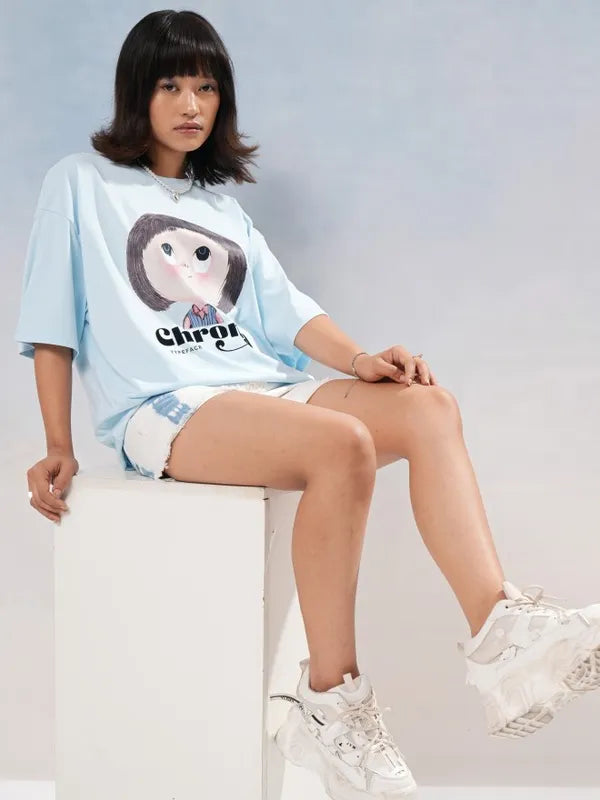 Suburbans   Women Blue Printed Round Neck Oversized Fit T-Shirt