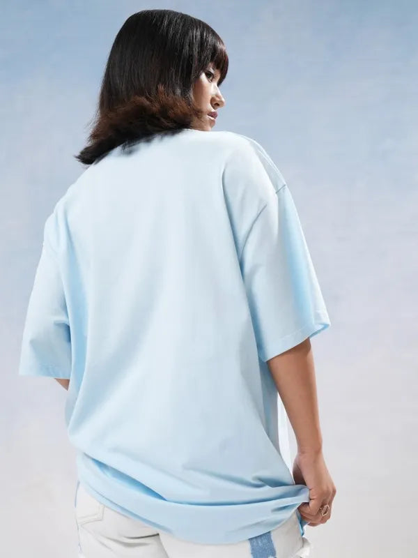 Suburbans   Women Blue Printed Round Neck Oversized Fit T-Shirt
