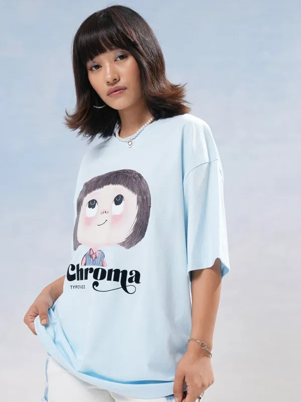 Suburbans   Women Blue Printed Round Neck Oversized Fit T-Shirt