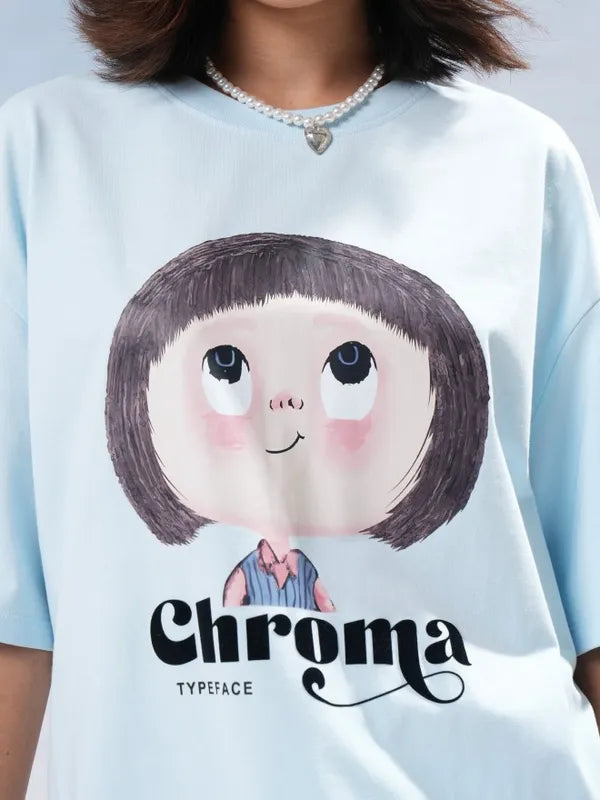 Suburbans   Women Blue Printed Round Neck Oversized Fit T-Shirt