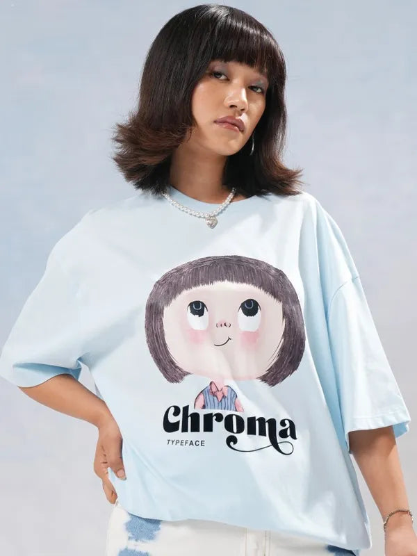 Suburbans   Women Blue Printed Round Neck Oversized Fit T-Shirt
