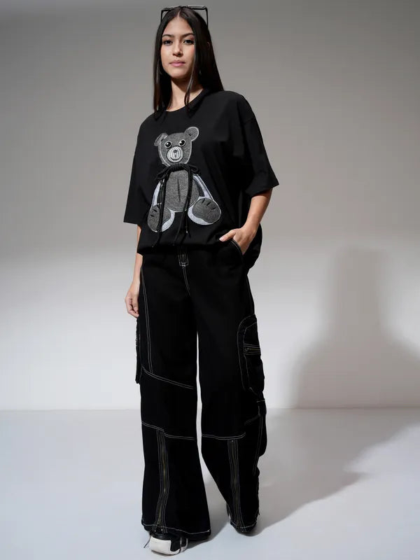 Suburbans Women Black Self Design Oversized Fit T-Shirt